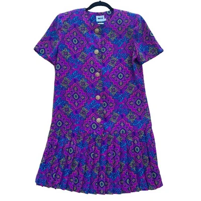 Leslie Fay VintageRetro Petite Dress Size 12 Polyester Purple Geometric Pleated  - Image 1 of 4