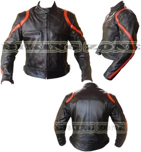 RED MARGIN MENS ARMOURS MOTORBIKE / MOTORCYCLE & FASHION BLACK LEATHER JACKET - Picture 1 of 2