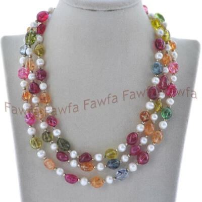Ожерелье с белым жемчугом 12-15 мм разноцветный турмалин неправильной формы драгоценные камни 7-8 мм - Изображение 1 из 4