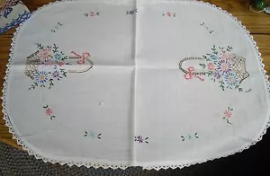 Vintage Table Scarf White w/ Cross-Stitched Flowers in Basket w/ Crochet Edges ~ - Picture 1 of 3