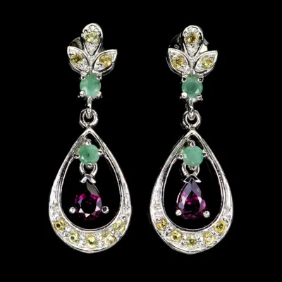 Orecchini In Argento Sterling 925 Con Gemme Di Rodolite E Zaffiro - Immagine 1 di 4