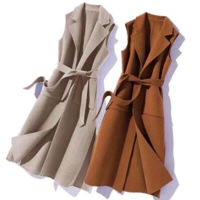 Women Belted Waistcoat Vest Sleeveless Lapel Jacket Midi Coat Cardigan Warm - Image 1 of 4