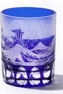 Japanese Collectible Edo Kiriko Cut Glass bluewave Sake Cup Made in Japan - Picture 1 of 3