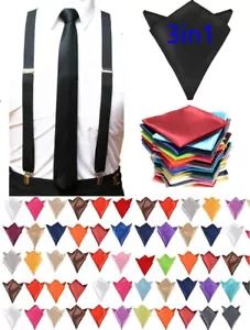 Schmale Krawatten Hosenträger und & Einstecktuch Taschentuch Set formell Party Hochzeit  - Bild 1 von 9
