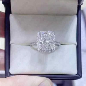3.78 TCW Radiant Moissanite Halo Engagement Wedding Ring 14K White Gold Plated - Picture 1 of 6