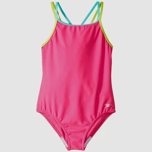 $199 Speedo Kids Girl Pink Stretch One-Piece Scoop-Neck Strappy Logo Swimsuit 12 - Picture 1 of 1