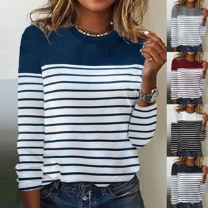 Women's Striped Long Sleeve T-Shirt Casual Loose Blouse Pullover Tops Tee Blouse - Picture 1 of 17