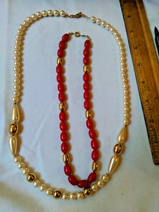Vintage Jewelry Lot of 2 "NAPIER" necklaces red gold & gold & faux pearl signed - Picture 1 of 3