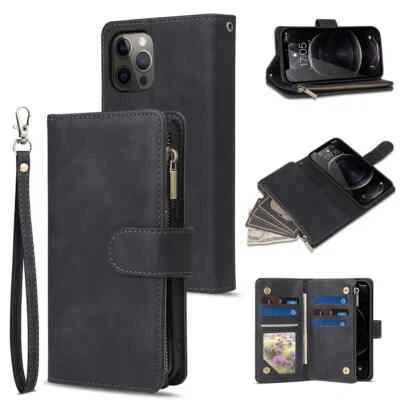 Zip Wallet Case Leather Flip Cover For iPhone 16 Pro Max 14 15 Pro 13 12 11 XR 8 - Image 1 of 4