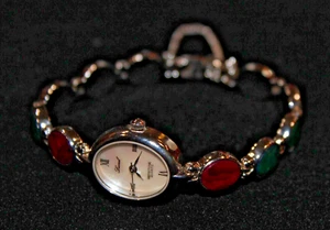 Vintage Lucoral Gemstone Quartz Watch Japan Movt Hong Kong Silver Tone Red Green - Picture 1 of 7