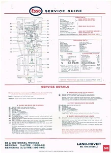 LAND ROVER S2 S2A 2.0 & 2.25 DIESEL 1958-65 ESSO MAINTENANCE & LUBRICATION CHART - Picture 1 of 1