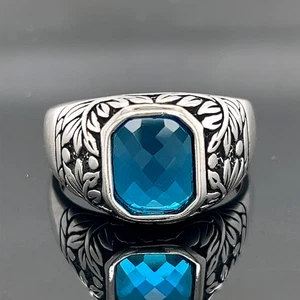Men's Silver Aquamarine Ring, Vintage Ottoman Style 925 Sterling Silver Blue - Picture 1 of 10