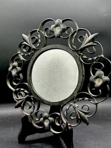 Vintage Wrought Iron Round Gallery Wall Mirror w/ Floral & Scrollwork Detail - Picture 1 of 9