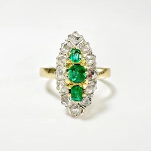 Antique 18k Gold, Emerald and Diamond marquise Ring - Picture 1 of 10