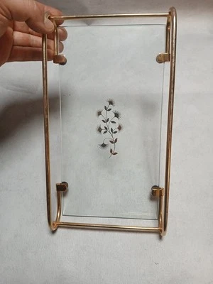 Vintage Edles Apartes Glas Goldfarben Messing Serviertablett Floral Blume Muster - Bild 1 von 3