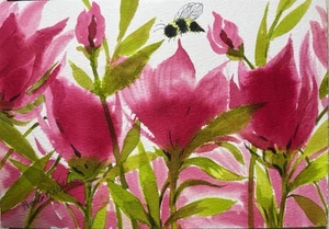 Original Pamela Wilhelm 5x7” Watercolor Flower Garden Summer Deep Rose Green - Picture 1 of 1