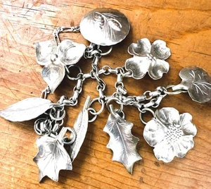 STUART NYE Sterling Silver Charm Bracelet Nature Leaf Dogwood Pinecone 7" - Picture 1 of 14