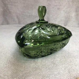 Vintage Mid-Century Hazel Atlas Green Glass Pinwheel Triangle Dish + Lid EX Cond - Picture 1 of 10