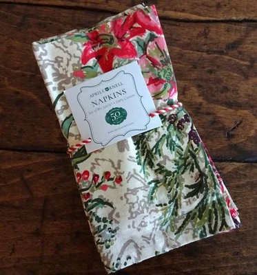 APRIL CORNELL MERRY ANTIQUE Christmas FLORAL Ivory Green RED COTTON NAPKINS 10PC - Image 1 of 4