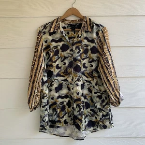 Ali Miles Women Tunic Top Blouse L 3/4 Roll Tab Sleeve Multicolor Lagenlook Art - Picture 1 of 10