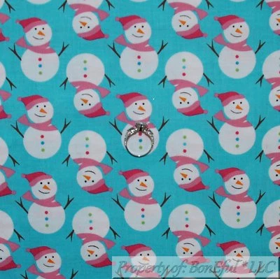 BonEful FABRIC FQ Cotton Quilt Aqua Blue White Pink Snowman Girl Frosty Stripe S - Image 1 of 4