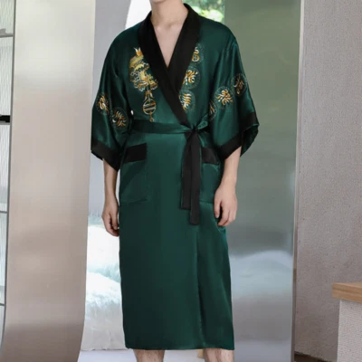 Roupão de banho masculino quimono seda sintética Yukata roupa de dormir bordado roupão solto camisola - Imagem 1 de 4