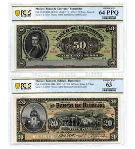 Mexico 1914;1910 20;50 Pesos (2 Notes) PCGS 64;63CU Perforated Both Notes 1/1 - Picture 1 of 8