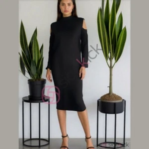 River Island Dress 22 18 Black Ribbed Midi Long Sleeve Cold Shoulder Mock Goth - Picture 1 of 10