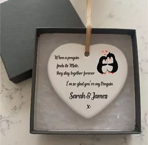 Personalised Penguins Love Ceramic Heart With Gift Box Plaque Gift Sign cr31 - Picture 1 of 5