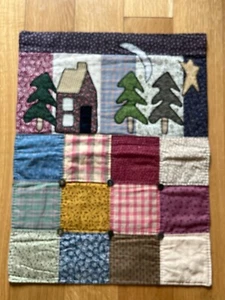 Artist Signed Cotton Patchwork w Appliqué Cabin Pine Trees Moon Star Wall Door - Picture 1 of 11