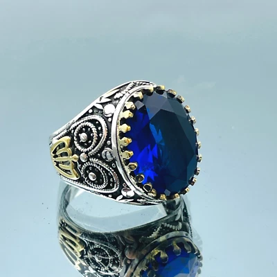 Anillo de plata de ley 925 con zafiro simulado para hombre hecho a mano regalo para él moda Foto 1 de 4
