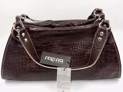 REGINA ITALIA NO. 016 BOLSA DE MÃO MARROM BRONZEADA ESTILO JACARÉ COURO DUAS ALÇAS - Imagem 1 de 4