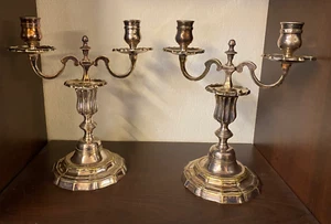 PAIR OF LOUIS XV STYLE SILVER METAL DOUBLE TORCH CANDLE HOLDERS - Picture 1 of 9