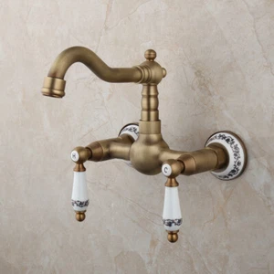 2Hole Bathroom Antique Brass Wall Mount Bathroom Mixer Faucet Tub Basin Sink Tap - Picture 1 of 10