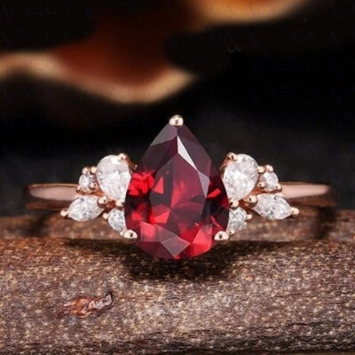 4.40ct Pear Shape Red Natural Garnet Gemstones & Diamond Ring Real 14K Rose Gold - Image 1 of 4