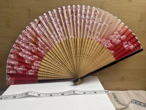 VTG Hand painted Cherry Blossom Pink & White Silver Japanese Folding Fan 14” - Picture 1 of 6