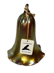 Lundberg Studios Art Glass Bell Ornament Gold Iridescent 5”Hand Blown Nice - Picture 1 of 7