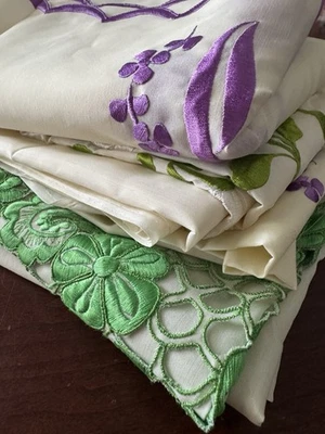 Vtg Intex Embroidered Fabric Green & Purple on Cream 10+ Yards (read DESC) - Image 1 of 4