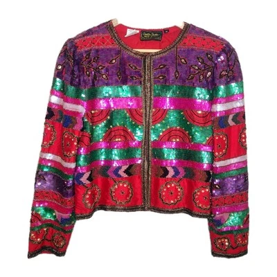 Chaqueta De Colección Años 80 100% Seda Lentejuelas Cuentas Glamour Recortada Fiesta Disco Noche Talla M Foto 1 de 4