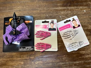Halloween Skeleton Hand Hair Clips 2 Pair Plus Halloween Bow Bulk Lot 3 Items - Picture 1 of 4