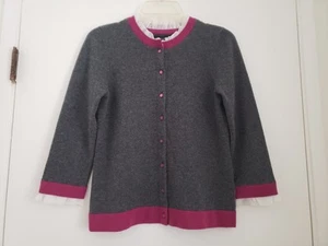 SUTTON STUDIO Cashmere Cardigan Sweater Sz M Gray Cranberry Ruffle Collared Cuff - Picture 1 of 10