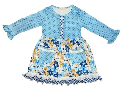 NUEVO CON ETIQUETAS VESTIDO MANGA LARGA FLORAL LUNARES AZUL Y AZAFRÁN MARIE NICOLE TALLA 5 Foto 1 de 4