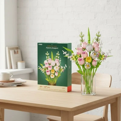 Impresionante conjunto de construcción de tulipán y rosa de 18 piezas - Decoración del hogar e idea de regalo para ella Foto 1 de 4