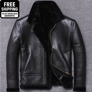 Mens Raf B3 Real Leather Aviator Jacket Flying Bomber SheepSkin Pilot Coat Black - Picture 1 of 4