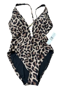 NWT Carmen Marc Valvo Swimsuit Sz 12 Brown Black Animal Print Open Tie Back - Picture 1 of 6