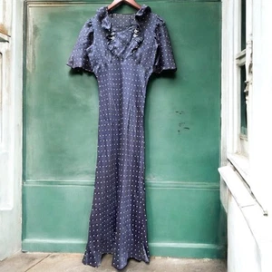 Vintage 1930’s Art Deco Ruffle Neck Dark Blue Polka Dot XS Silk Dress READ  - Picture 1 of 23