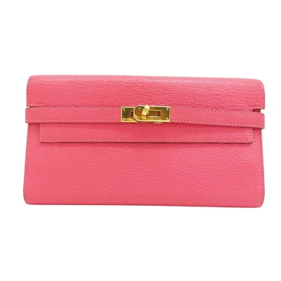 HERMES Kelly Cartera Larga Rosa Lápiz Labial Rosa Chevre Mysore Cuero Chapado en Oro Foto 1 de 4