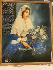 Pictorial Fine handwove Rug Woman with Flowers Wood Frame 19x25 inch Silk Wool