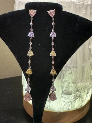 Pendientes colgantes de plata esterlina circonitas cúbicas rosa amarillo hielo transparente estilo largo Foto 1 de 3