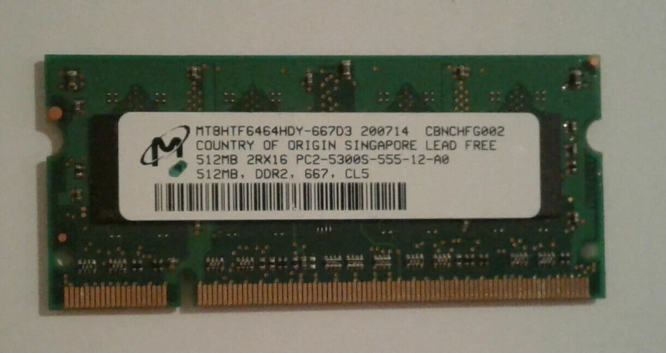 Micron 512MB DDR 2 - MT8HTF6464HDY-667D3 512MB SODIMM Laptop Memory RAM Lap Mem - Image 1 of 1